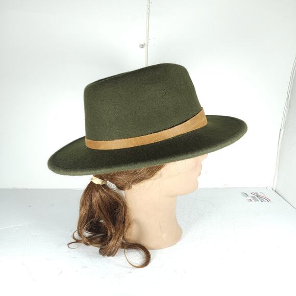 Frye Women\'s Medium Green 100% Wool Felt Brown Leather belt Fedora Hat